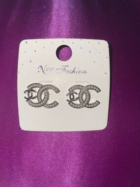 Silver Pearl CC Logo Stud Earrings